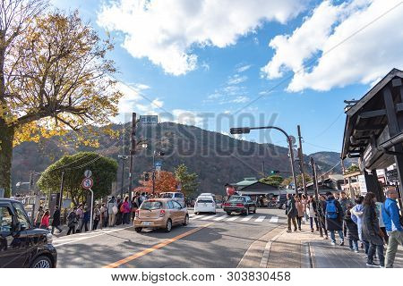 Aera Of Togetsu-kyo Bridge At Arashiyama District. Many Local Traditional Souvenir Shops And Crowded