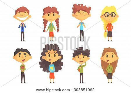 Funny Disciples Of Elementary School. Cute Boys And Girls With Backpacks On Shoulders And Books In H