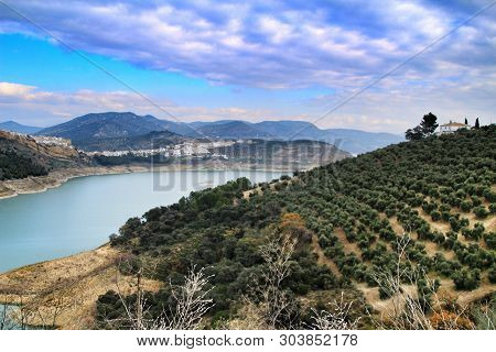 Spectacular Views Of The Swamp, Village And Mountains Of Iznajar In Cordoba, Spain