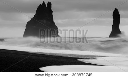 Rock Spire Of Reynisdrangur, Coast Of Reynisfjara Close To Vik, Iceland, Europe