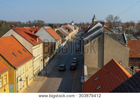 Altlandsberg, Germany - April 06, 2019: Central Street Of A Small Historic Town Near Berlin. Birds E
