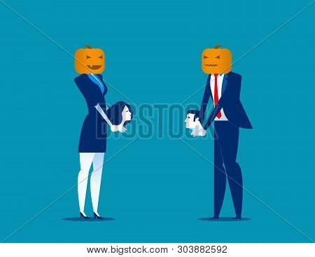 Halloween. Business People And Pumpkinhead, Holding Head. Concept Business Vector Illustration.