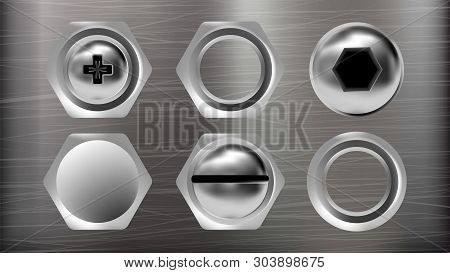Realistic Metal Head Of Screw And Bolt Set . Collection Of Different Ironware Type Detail Screw And 