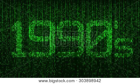 1990's Nineties Computer Coding Title Logo With Green Glowing Numbers And A Code Background