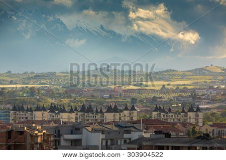 Idyllic Hilly Landscape With Houses And Cloudy Sky Over Sunset. Montesilvano, Italy.