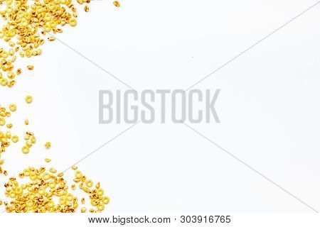 Cereals, Oatflakes And Cornflakes For Healthy Breakfast On White Background Top View Mock Up