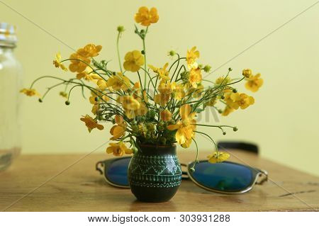 Wild Yellow Flowers, Meadow Buttercup, In Small Vase. Bouquet Of Fresh Wild Flowers, Ranunculus Acri