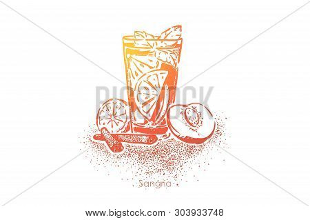 Sangria, Summer Beverage With Red Wine, Fruits, Sugar, Fizzy Water And Brandy, Fresh Juice With Lemo