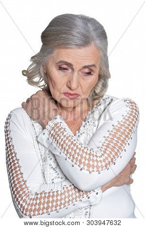 Close Up Shot Of Upset Mature Woman Isolated
