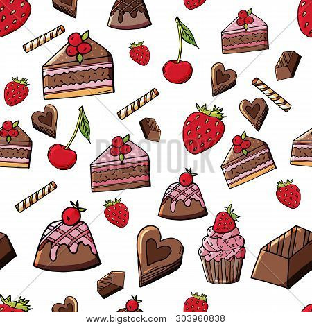 Hand Drawn Chocolate Cakes With Berries Seamless Pattern