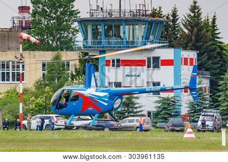 Balashikha, Moscow Region, Russia - May 25, 2019: Helicopter Races By Helicopter Robinson R44 Raven 