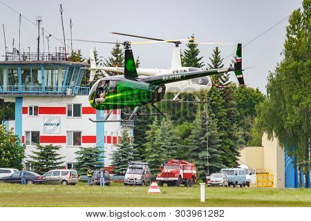 Balashikha, Moscow Region, Russia - May 25, 2019: Helicopter Races By Helicopter Robinson R44 Raven 