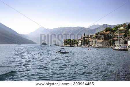 Perast, Montenegro - Circa August 2010 - Sight On Old Perast Town From Sea And On Island Gospa Od Sk
