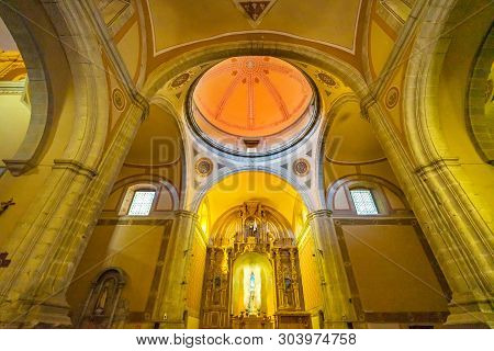 Oaxaca, Mexico - January 5, 2019 Yellow Golden Basilica Altar Dome Templo De La Compania Church Oaxa