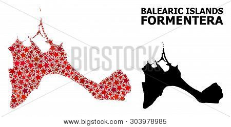 Red Star Mosaic And Solid Map Of Formentera Island. Vector Geographic Map Of Formentera Island In Re