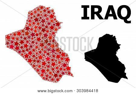Red Star Mosaic And Solid Map Of Iraq. Vector Geographic Map Of Iraq In Red Color Tones. Abstract Mo