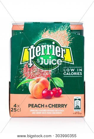 London, Uk - May 29, 2019: Pack Of Perrier And Juice With Peach And Cherry Flavour On White.