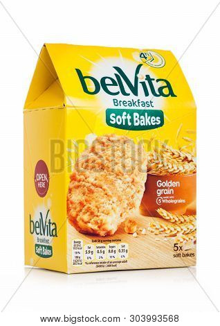 London, Uk - May 29, 2019: Pack Of Belvita Breakfast Soft Bakes Golden Grain Cookies On White