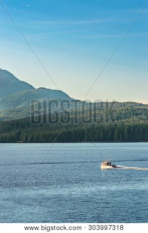 September 17, 2018 - Tongass Narrows, AK: Aluminum fishing boat, early morning near Gravina Island, North of Ketchikan.