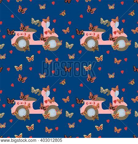 Butterfly And Transport Pattern. Cute Moths With A Pink Bike. The Texture Of The Poster With The Mot