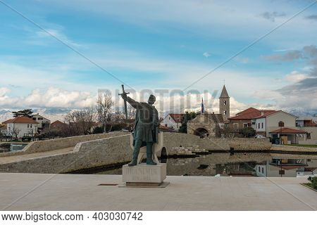 Entrance To The Historic City Of Nin With Statue Of Croatian Duke Branimir.