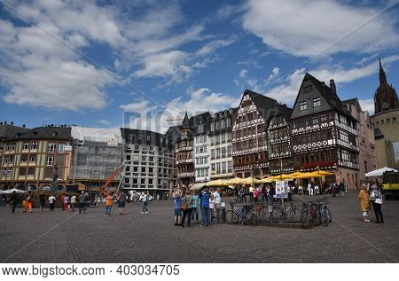 Frankfurt, Germany September 3 2015: Famous Historical Landmark Of Romerberg Square With Tourist Peo