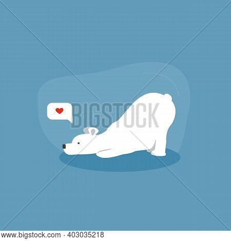 Cute Polar Bear Character With Heart Message Speech Bubble On Blue Background. Concept For Valentine