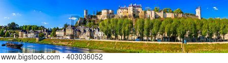 Travel in France - panoramic view of Chinon town with royal castle. Famous castles of Loire valley