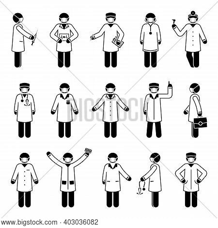 Stick Figure Doctor Man Wearing Mask Vector Icon Set. Various Health Worker People Postures And Pose