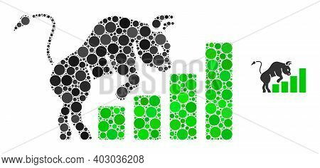 Bullish Market Chart Mosaic Of Dots In Different Sizes And Color Hues. Vector Round Dots Are Combine