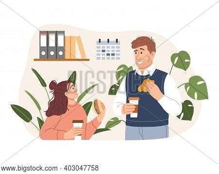 Young Man Woman Have A Business Lunch Time At Office. Flat People Dining, Having A Coffee Break Toge