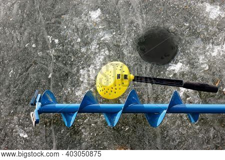 Hand Ice Auger And Frabill Ice Scooper