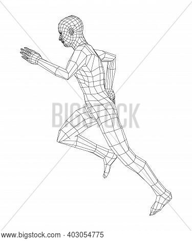 Wireframe Running Man. Vector 3d Rendering. Man In Running Pose