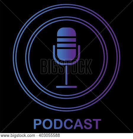 Flat Microphone Blue Podcast. Vector Illustration. Technology Background. Digital Web Design. Stock 