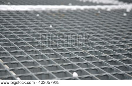 Gray Snow-covered Staircase Observation Deck Construction With High Resistance To Deformation Even U