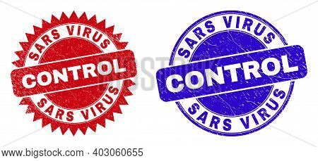 Round And Rosette Sars Virus Control Seal Stamps. Flat Vector Scratched Stamps With Sars Virus Contr