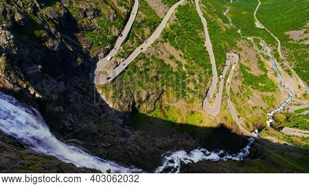 Trolls Path Trollstigen Winding Scenic Mountain Road With Many Cars, Norway Europe. National Tourist