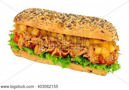 Slow Cooked Shredded Pork Sandwich In A Multigrain Topped Bread Roll With Chunky Bramley Apple Sauce