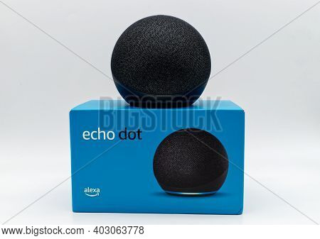 Bologna - Italy - January 10, 2021: Amazon Echo Dot. Alexa, Virtual Assistant Ai.