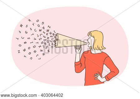 Announcement, Speaker, Communication Concept. Young Active Woman Cartoon Character Standing And Shou