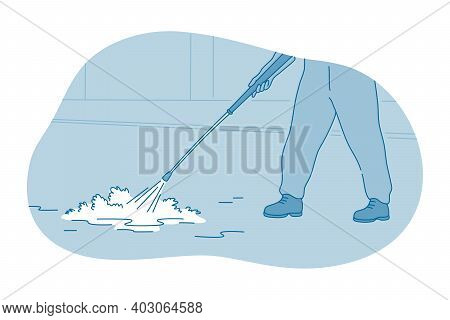 Cleaning, Housework, Washing Concept. Hands Of Worker Or Maid Making Floor Cleaning With Lexical Foa