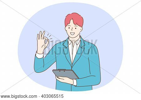 Positive Emotions, Ok Sign And Gesture Language Concept. Young Positive Businessman Cartoon Characte