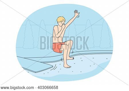 Diving Into Water, Fun In Swimming Pool Concept. Happy Boy Covering Nose With Hand And Jumping Into 
