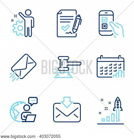 Education Icons Set. Included Icon As Incoming Mail, Judge Hammer, Approved Agreement Signs. Employe