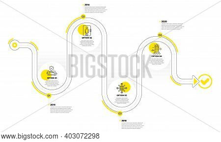Logistics Network, Elevator And Transport Insurance Line Icons Set. Timeline Plan Infograph. Lightho