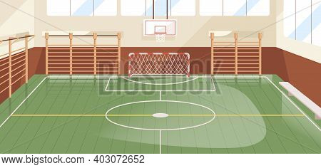 Interior Of School Gym Equipped With Basketball Hoop, Goal And Wall Bars. Indoor Sports Hall Or Cour