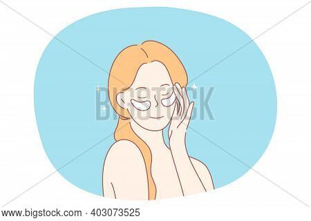 Beauty, Cosmetics, Home Skincare Concept. Young Smiling Woman Cartoon Character Using Eye Patches In