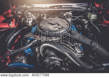 Powerful Vintage Classic Car Combustion Gas Carburettor Engine. Looking Under The Hood.
