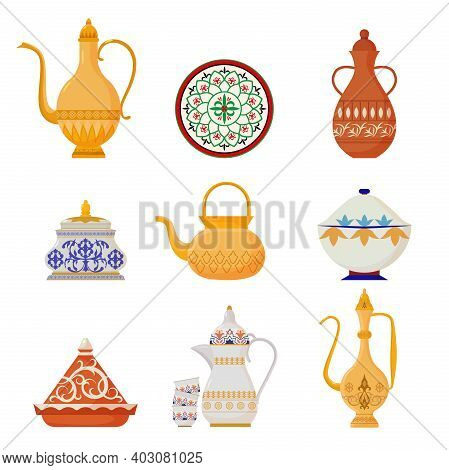 Oriental Crockery With Arabic Script Set. Syrian Yellow Teapots With Ornate Muslim Designs Red Water