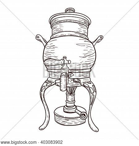 Vintage Coffee Machine For Brewing Coffee With Small Pea, Outline Drawing Isolated On White Backgrou